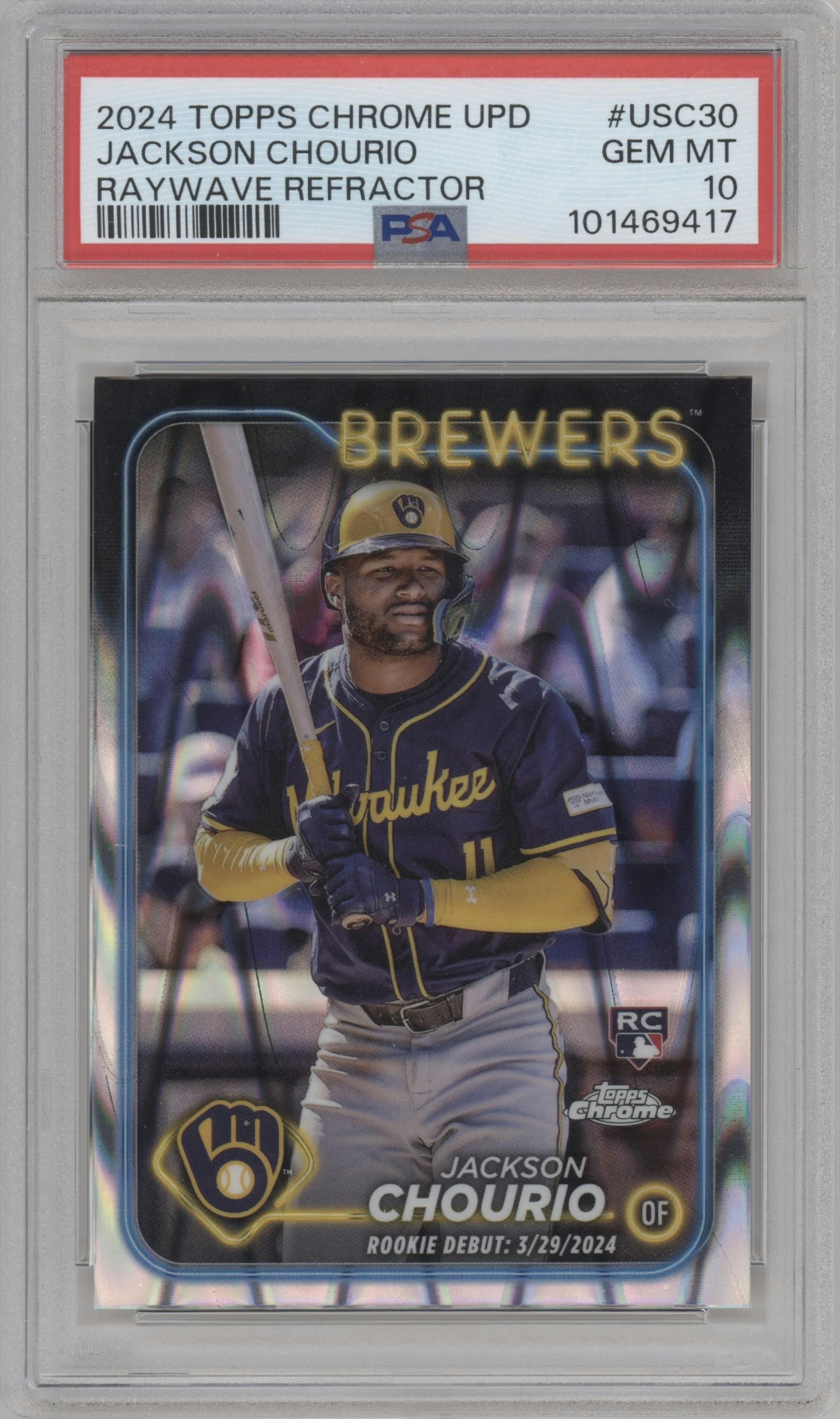 Jackson Chourio from the 2024 Topps Chrome Update set featuring a RayWave Refractor parallel graded by PSA and given an overall grade of 10.