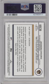 Jackson Chourio from the 2024 Topps Chrome Update set featuring a RayWave Refractor parallel graded by PSA and given an overall grade of 10.