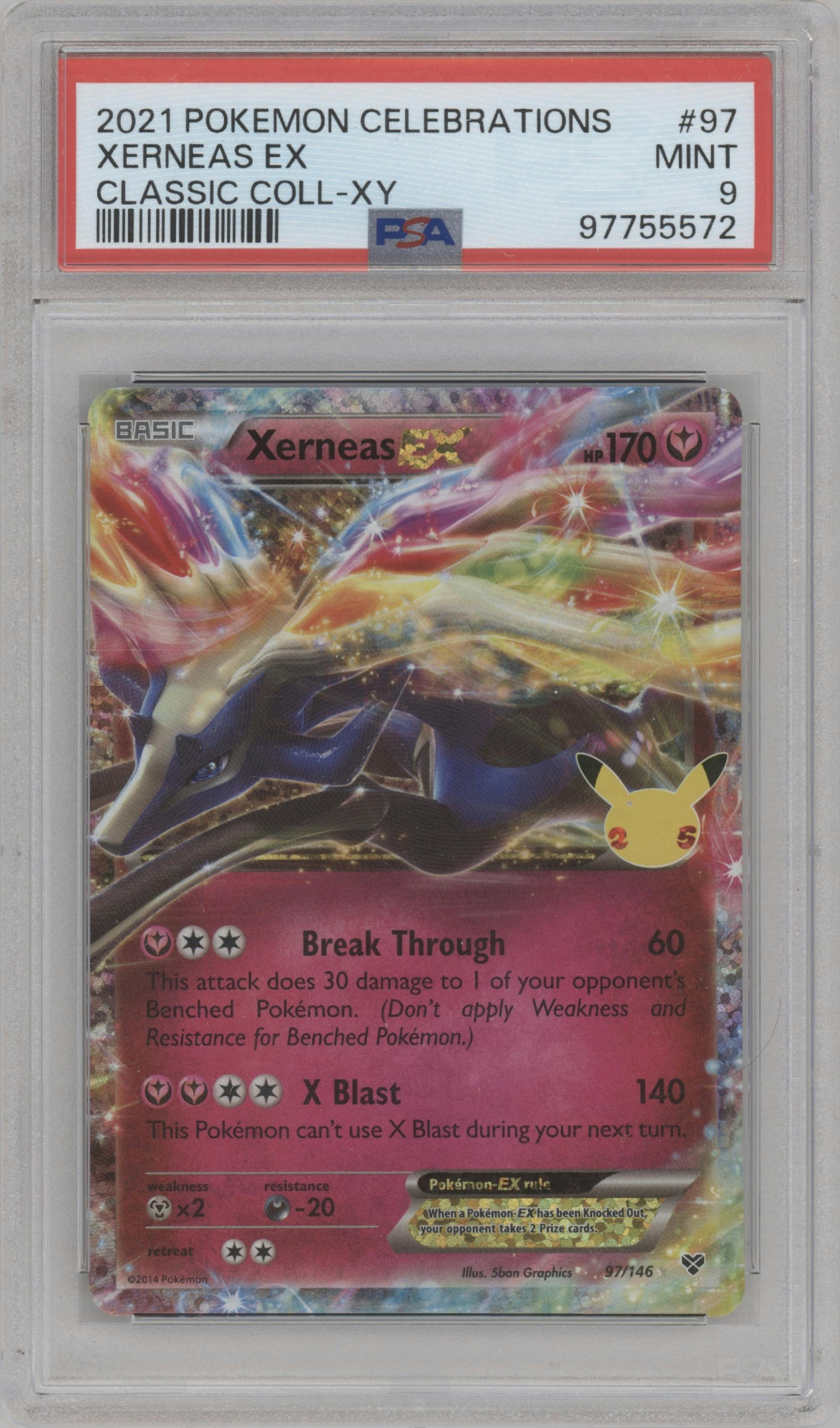Xerneas EX from the 2021 Pokemon SWSH set featuring a XY parallel graded by PSA and given an overall grade of 9.