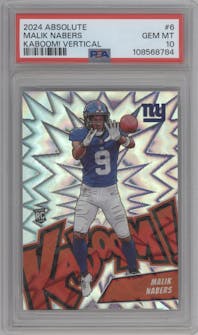Malik Nabers from the 2024 Panini Absolute set graded by PSA and given an overall grade of 10.