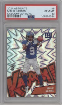 Malik Nabers from the 2024 Panini Absolute set graded by PSA and given an overall grade of 10.