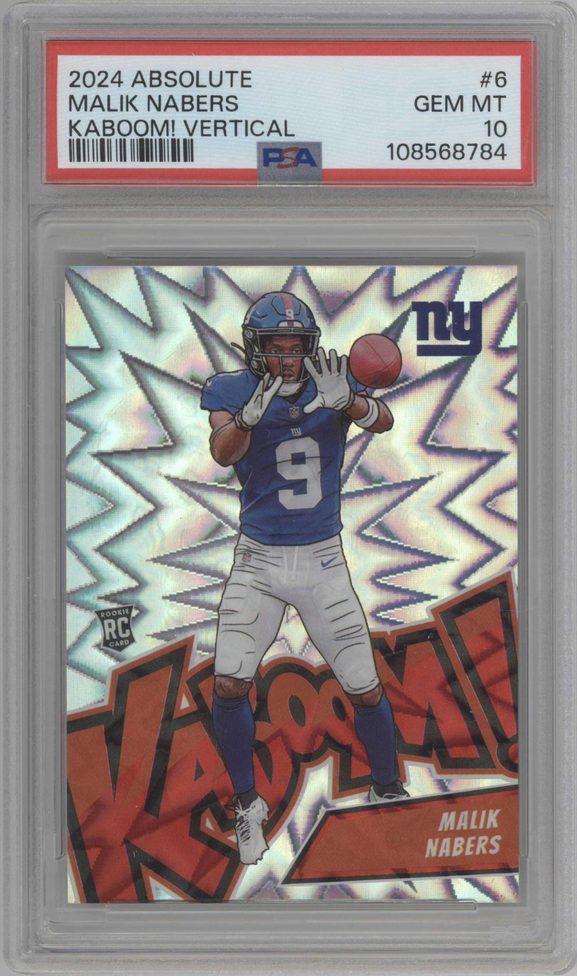 Malik Nabers from the 2024 Panini Absolute set graded by PSA and given an overall grade of 10.