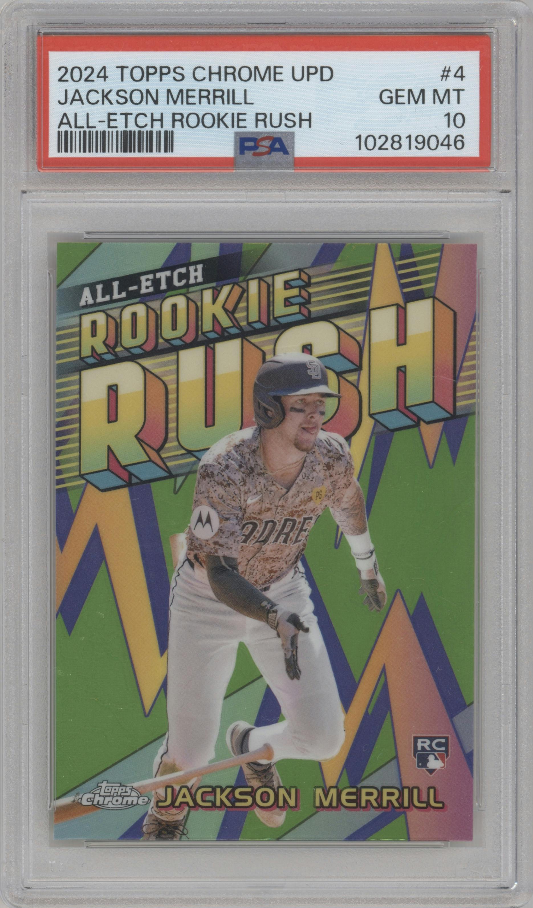 Jackson Merrill from the 2024 Topps Chrome Update set graded by PSA and given an overall grade of 10.