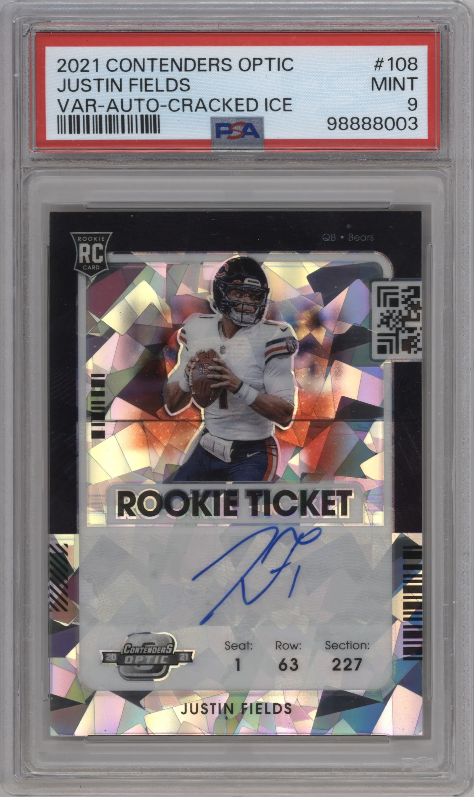 2021 Panini Contenders Optic Rke.Tkt.Auto Var. Justin Fields Cracked Ice #108 PSA 9