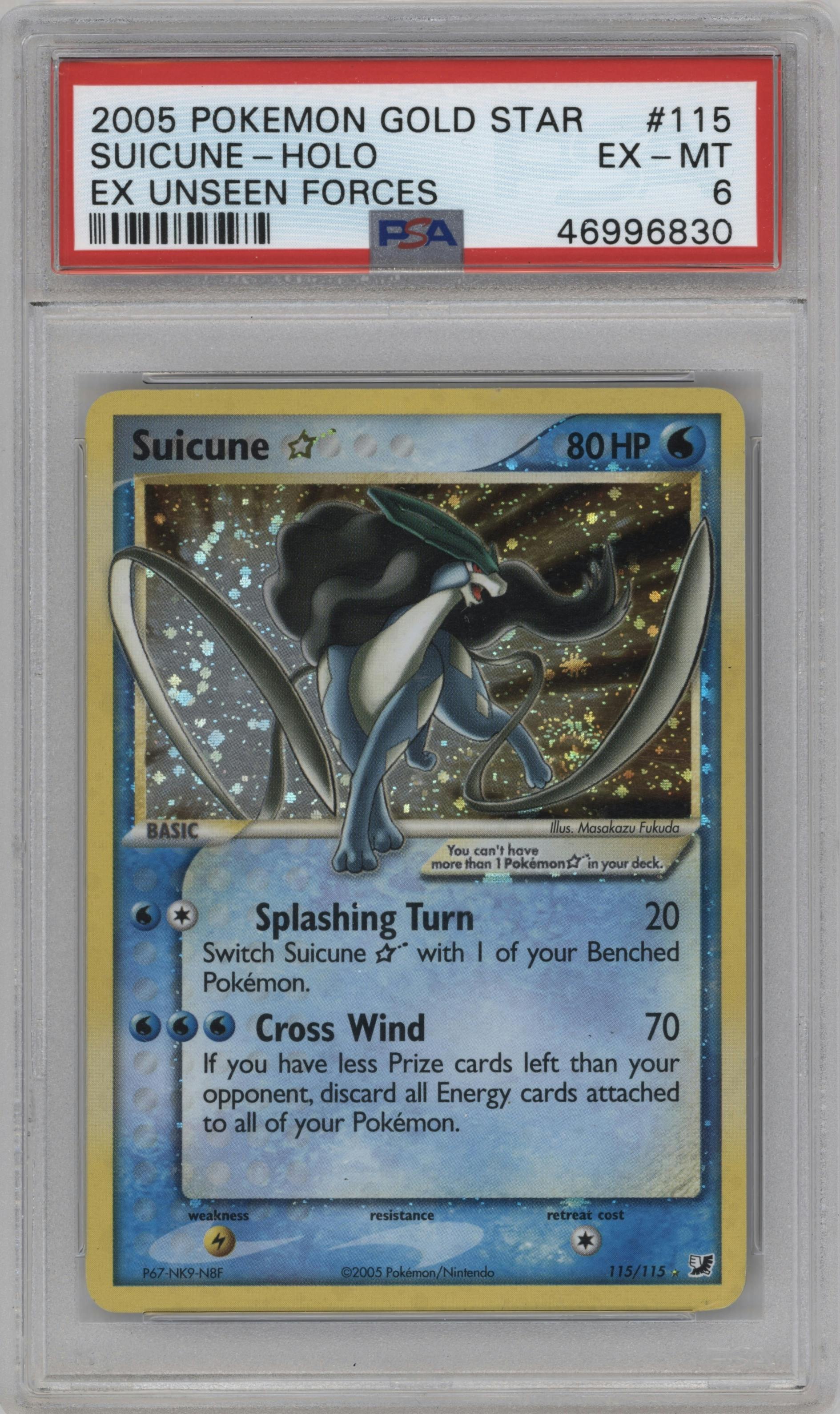 Suicune Gold Star from the 2005 Pokemon EX set graded by PSA and given an overall grade of 6.