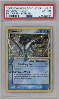Suicune Gold Star from the 2005 Pokemon EX set graded by PSA and given an overall grade of 6.