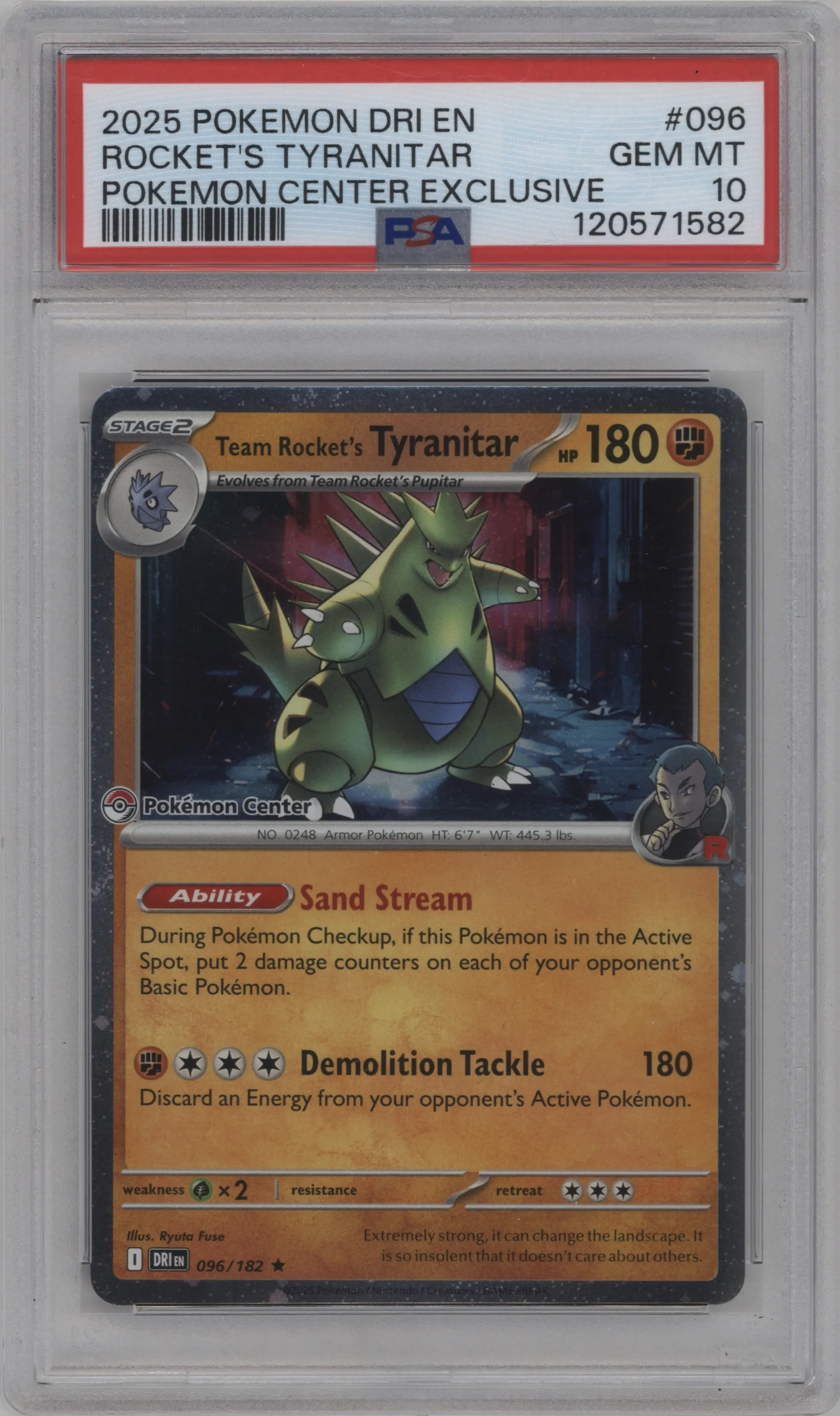2025 Pokemon SV Destined Rivals Team Rocket's Tyranitar Pokemon Center Exclusive #096 PSA 10