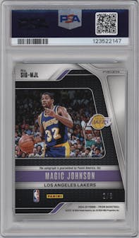 Magic Johnson from the 2024-25 Panini Prizm set featuring a Choice Green Prizm parallel graded by PSA and given an overall grade of 10.