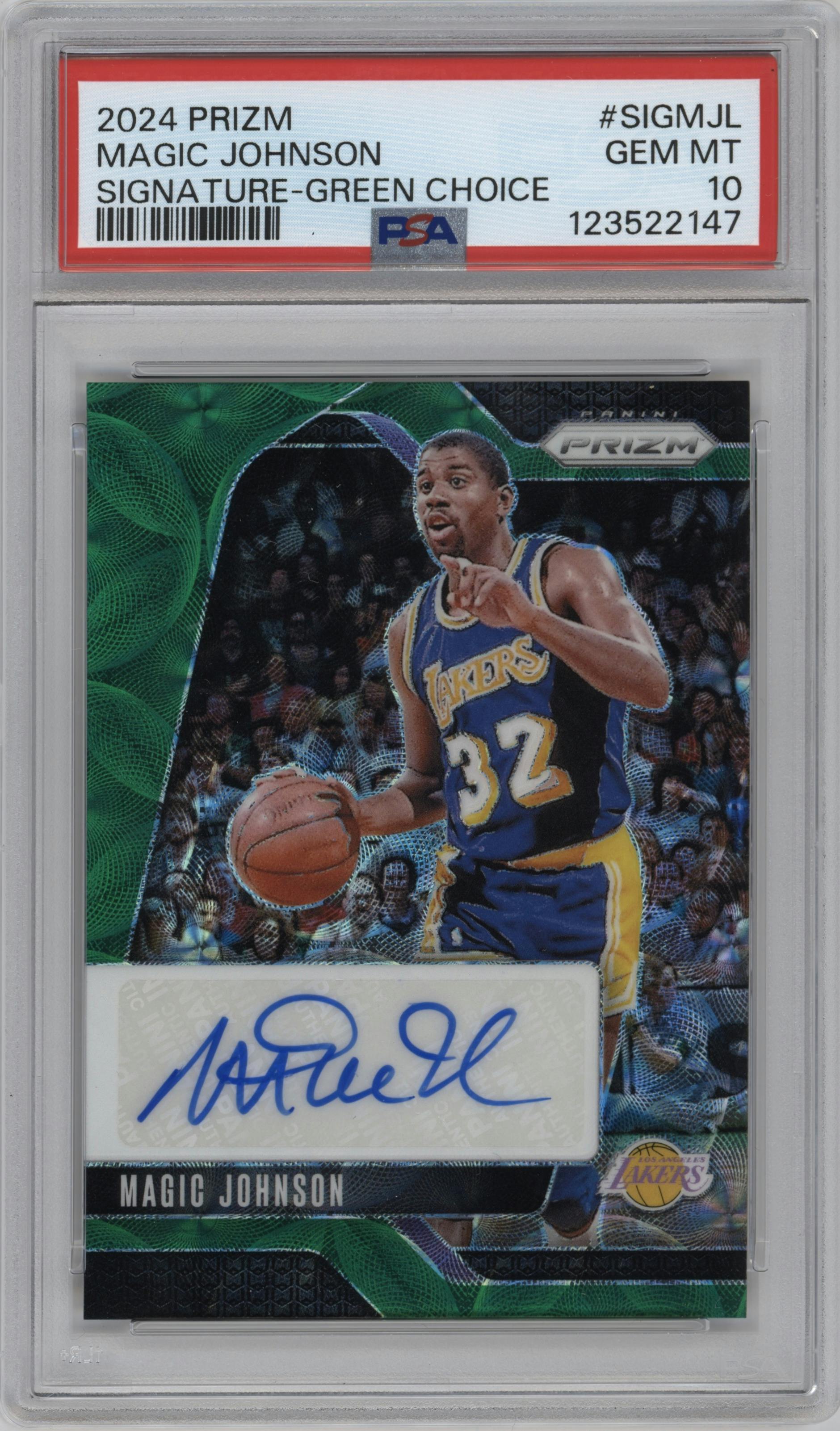 Magic Johnson from the 2024-25 Panini Prizm set featuring a Choice Green Prizm parallel graded by PSA and given an overall grade of 10.