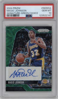 Magic Johnson from the 2024-25 Panini Prizm set featuring a Choice Green Prizm parallel graded by PSA and given an overall grade of 10.