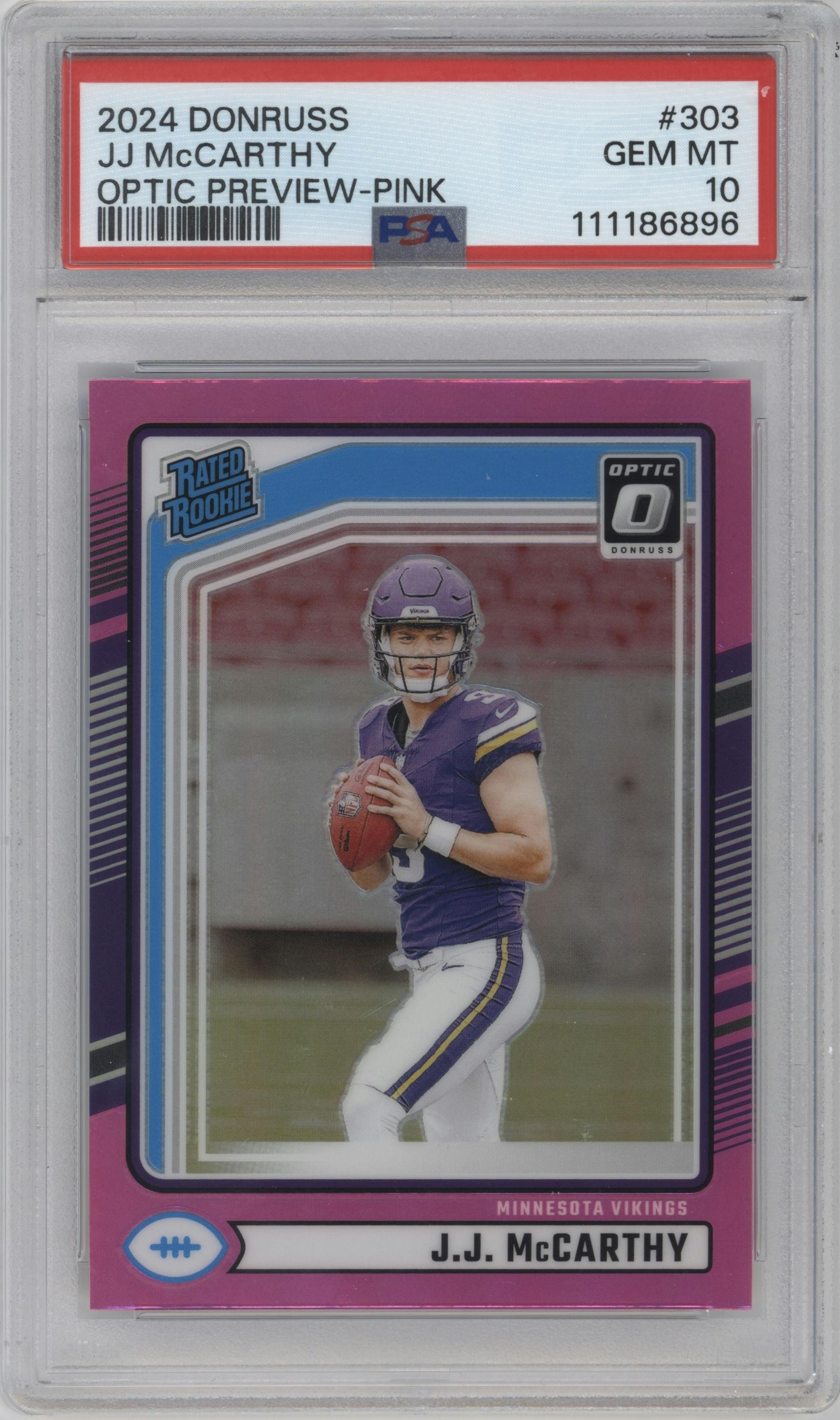 J.J. McCarthy from the 2024 Donruss set featuring a Pink parallel graded by PSA and given an overall grade of 10.
