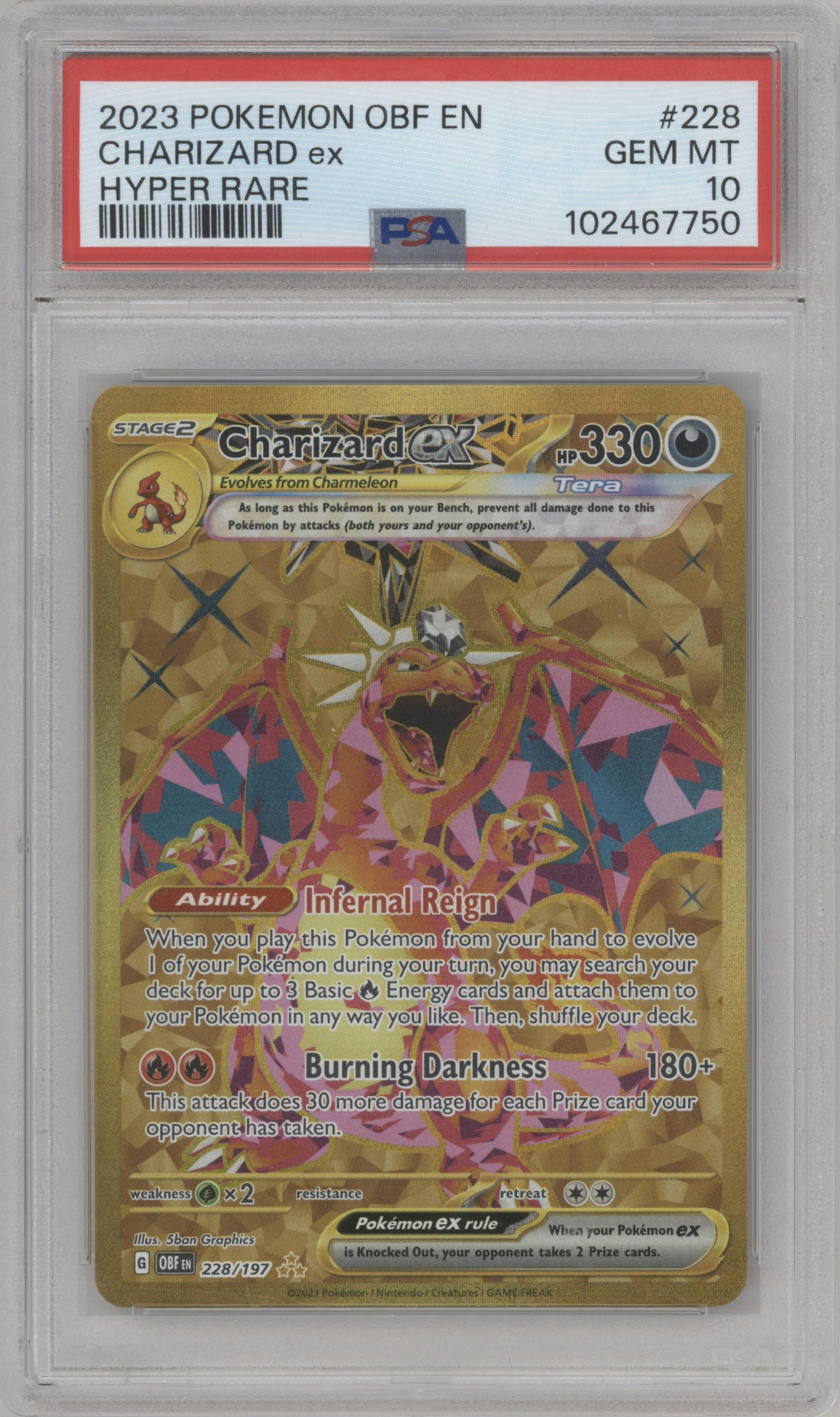 Charizard ex from the 2023 Pokemon SV set graded by PSA and given an overall grade of 10.