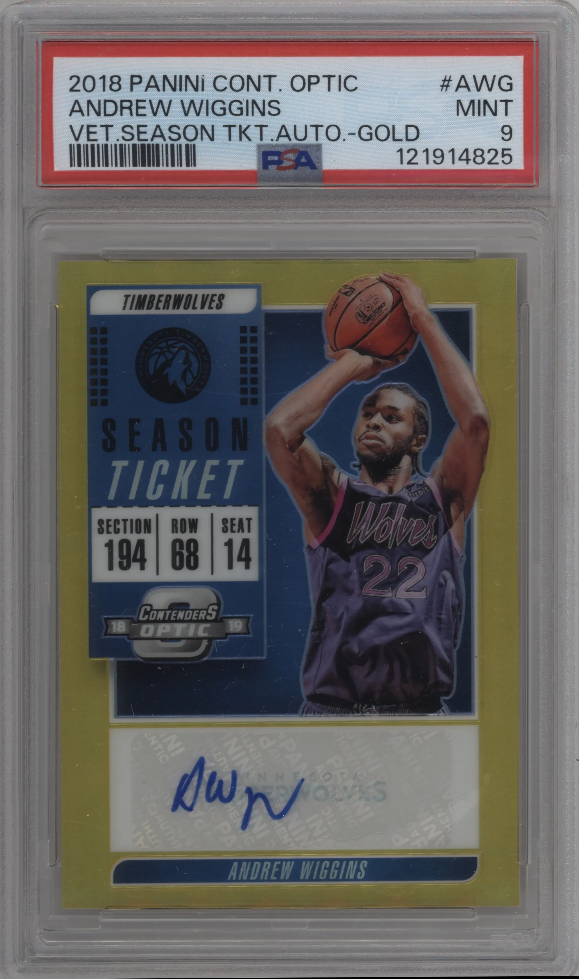 2018 Panini Contenders Optic Vet. Season Tkt. Auto Andrew Wiggins Gold #4 PSA 9