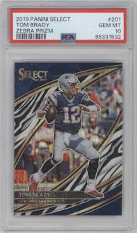 Tom Brady from the 2019 Panini Select  set featuring a Zebra parallel graded by PSA and given an overall grade of 10.