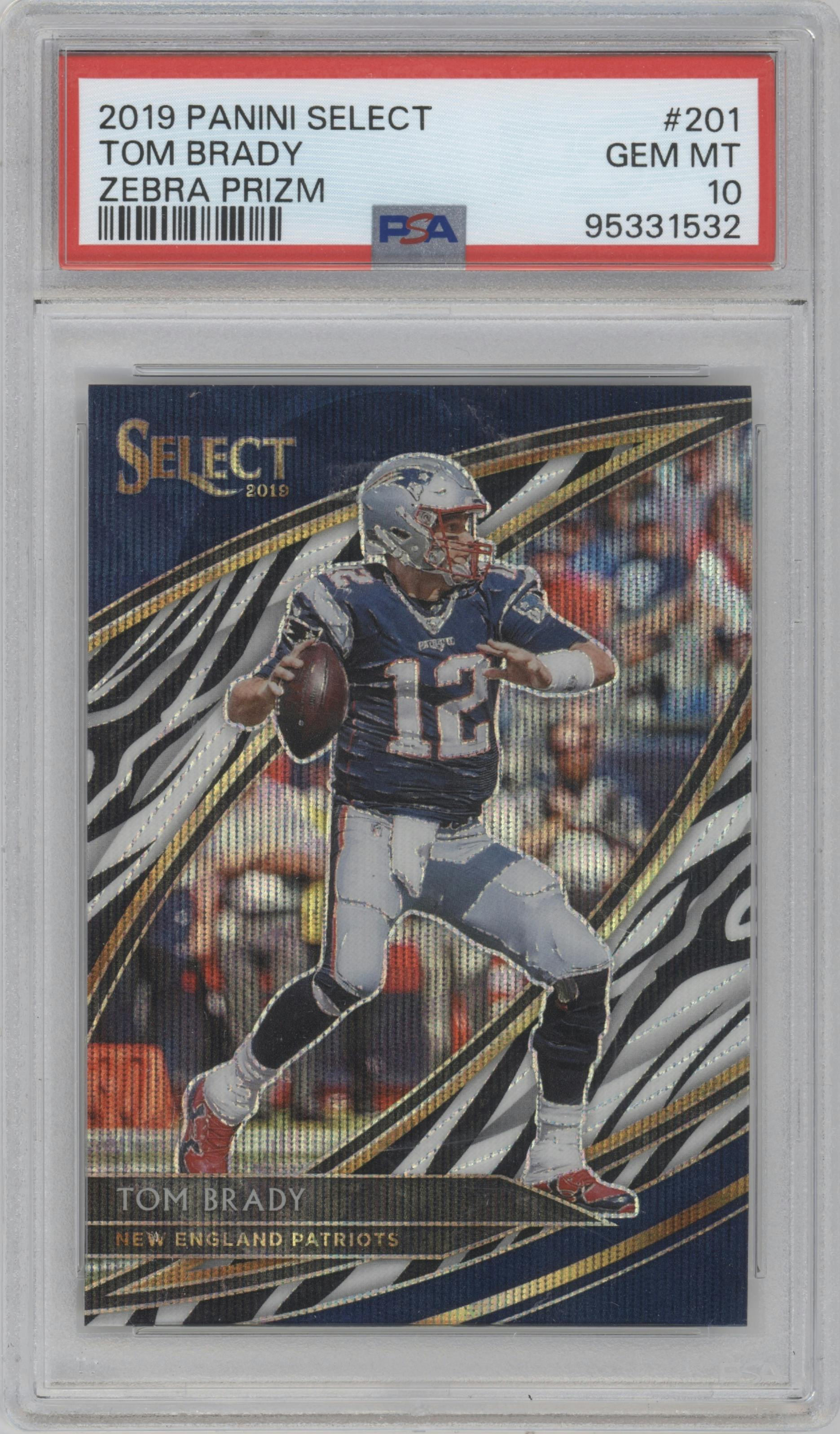 Tom Brady from the 2019 Panini Select  set featuring a Zebra parallel graded by PSA and given an overall grade of 10.