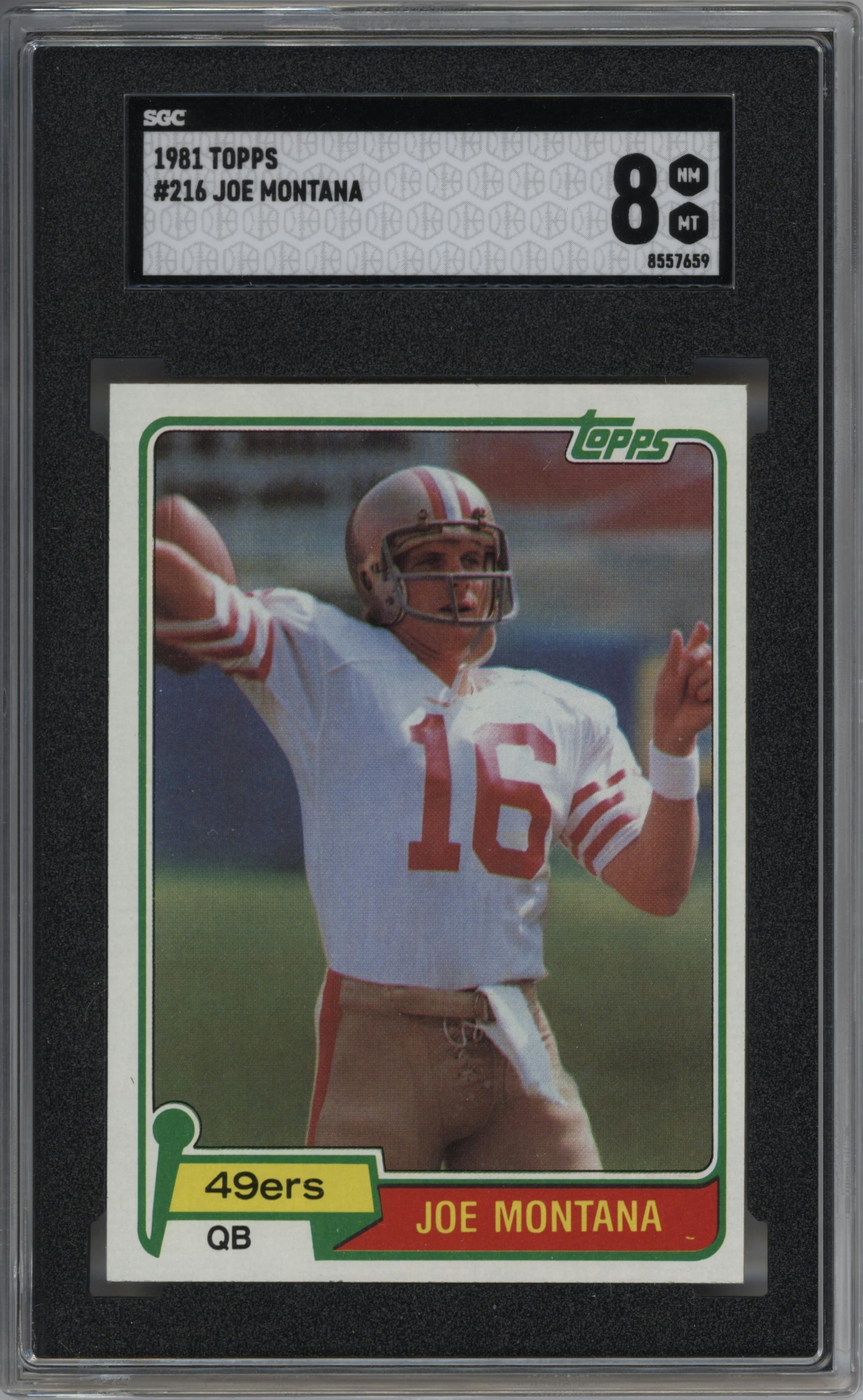 Joe Montana from the 1981 Topps  set graded by SGC and given an overall grade of 8.
