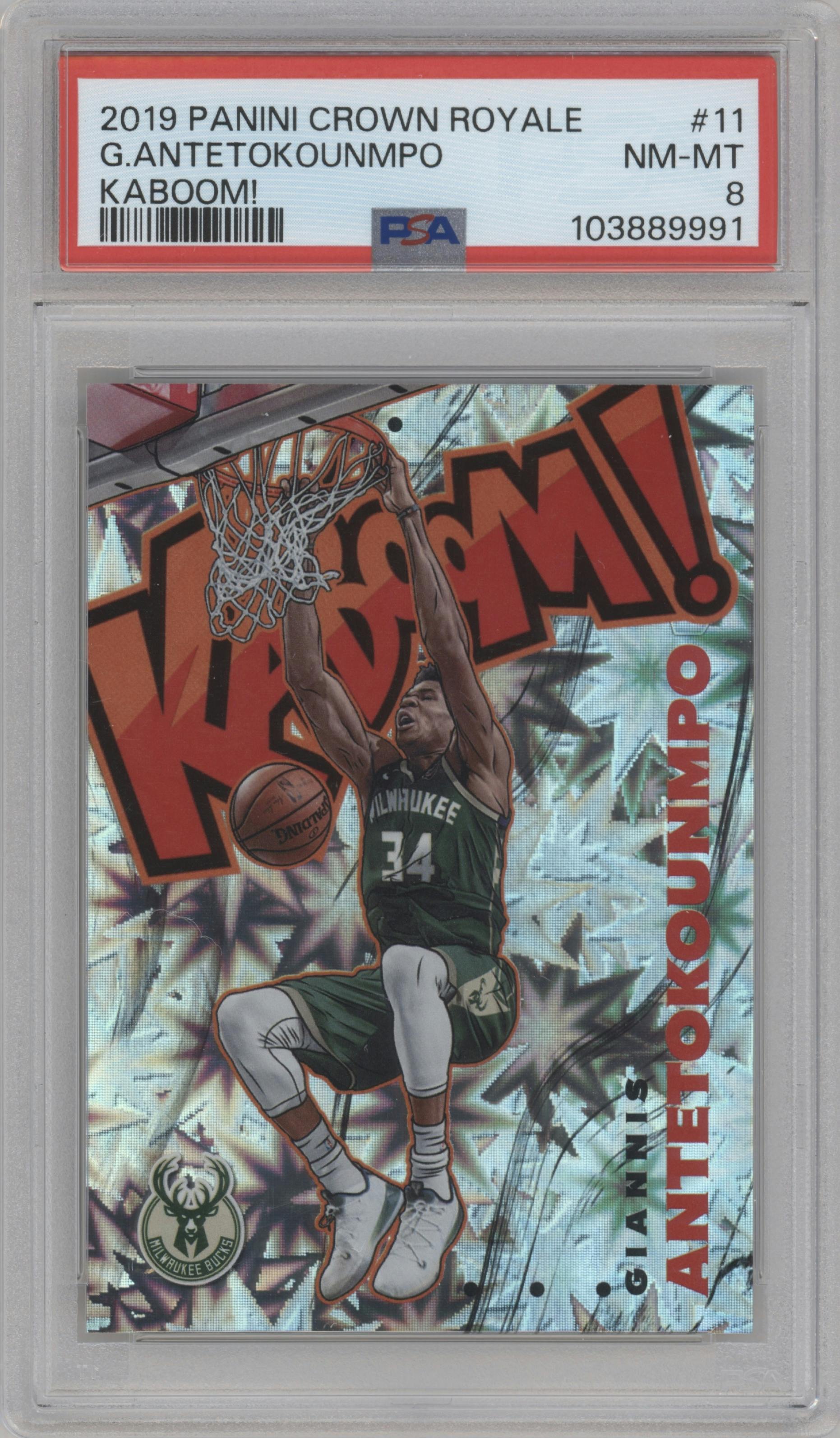 Giannis Antetokounmpo from the 2019-20 Panini Crown Royale set graded by PSA and given an overall grade of 8.