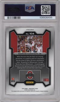 Marvin Harrison Jr. from the 2024 Panini Prizm Draft Picks set featuring a Red Ice parallel graded by PSA and given an overall grade of 10.