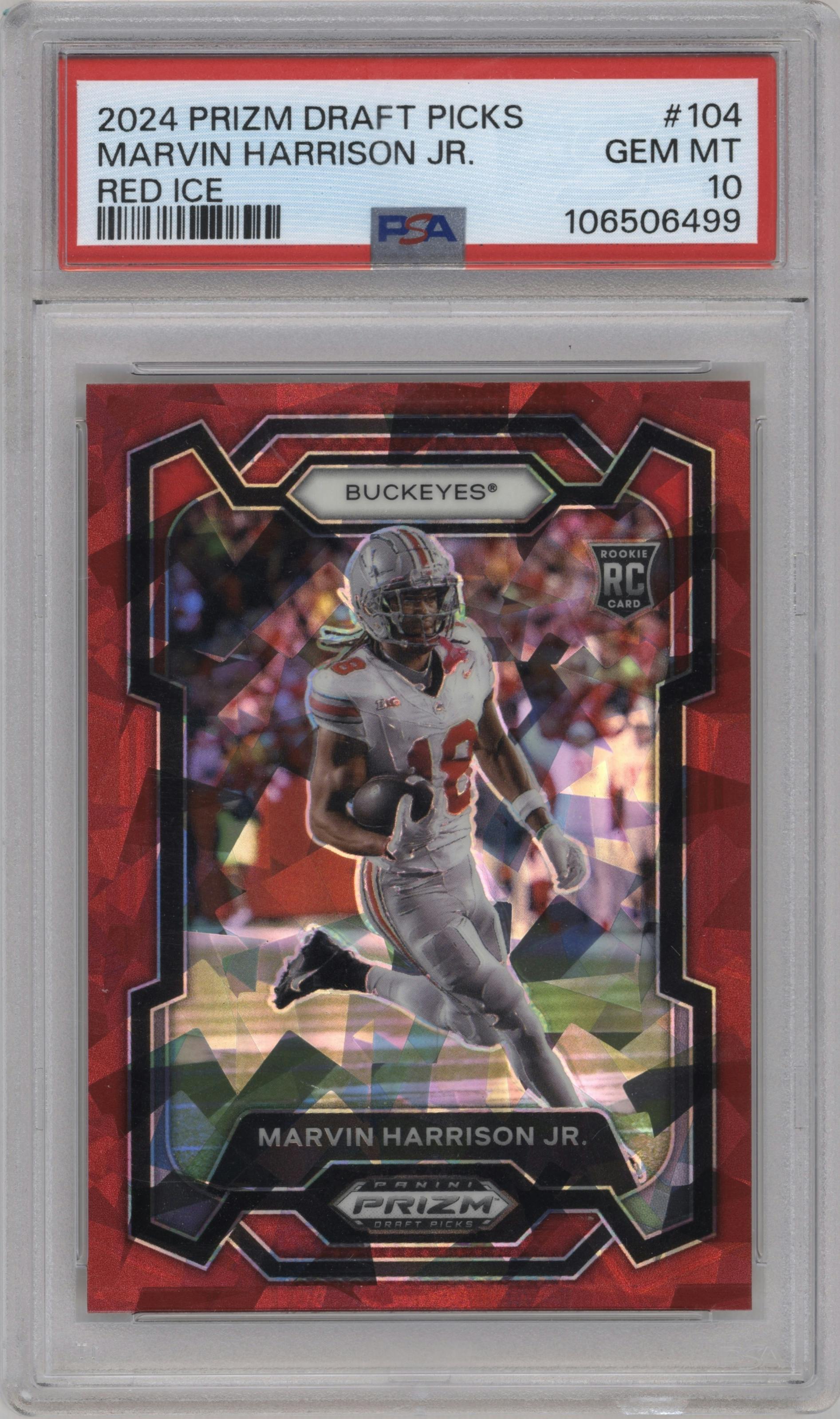 Marvin Harrison Jr. from the 2024 Panini Prizm Draft Picks set featuring a Red Ice parallel graded by PSA and given an overall grade of 10.
