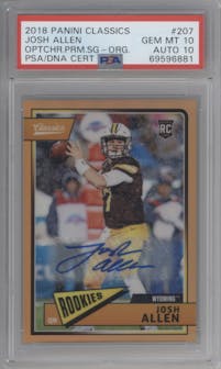 Josh Allen from the 2018 Panini Classics set featuring a Orange parallel graded by PSA and given an overall grade of 10.