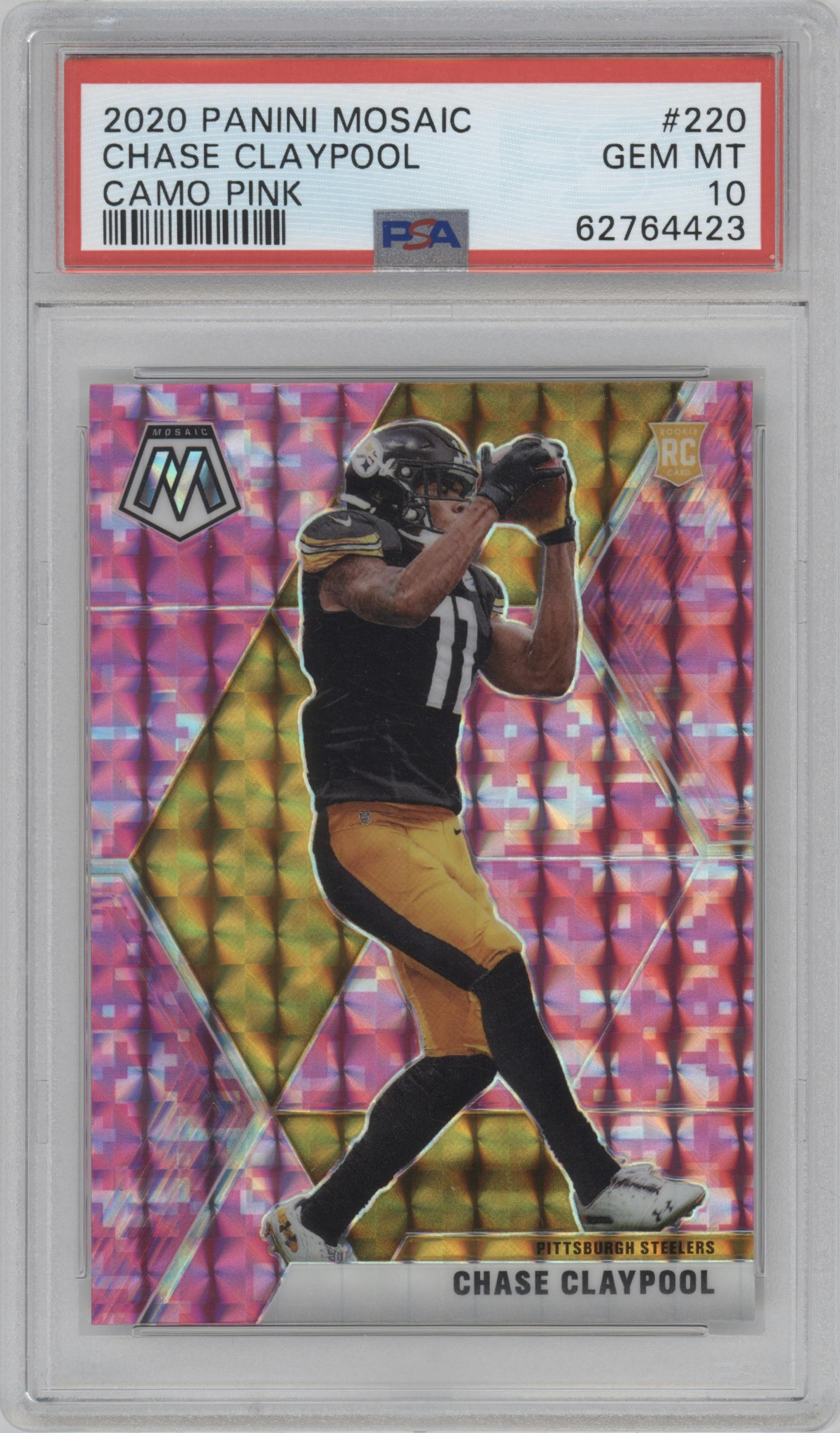 Chase Claypool from the 2020 Panini Mosaic set featuring a Pink Camo parallel graded by PSA and given an overall grade of 10.