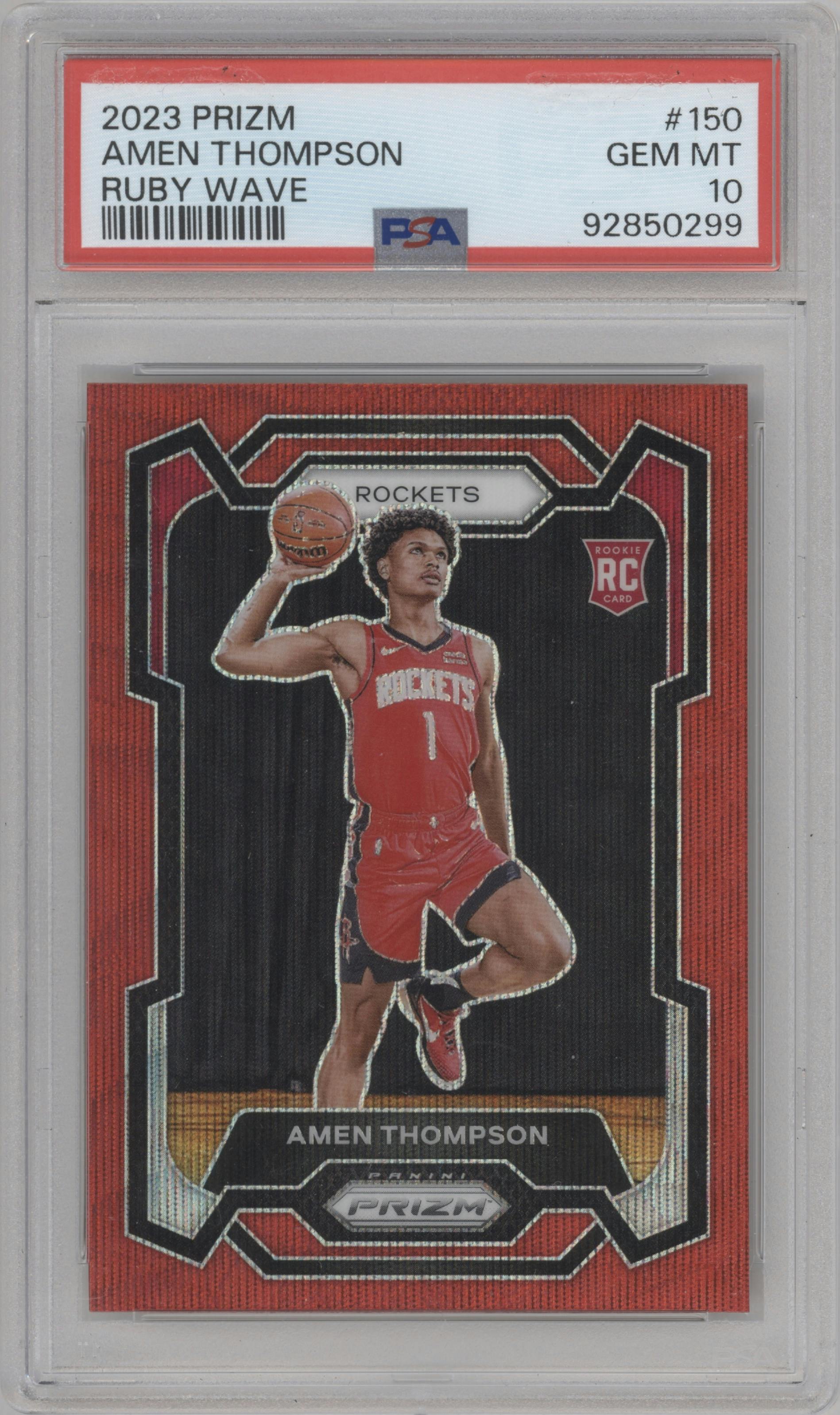 Amen Thompson from the 2023-24 Panini Prizm set featuring a Ruby Wave parallel graded by PSA and given an overall grade of 10.