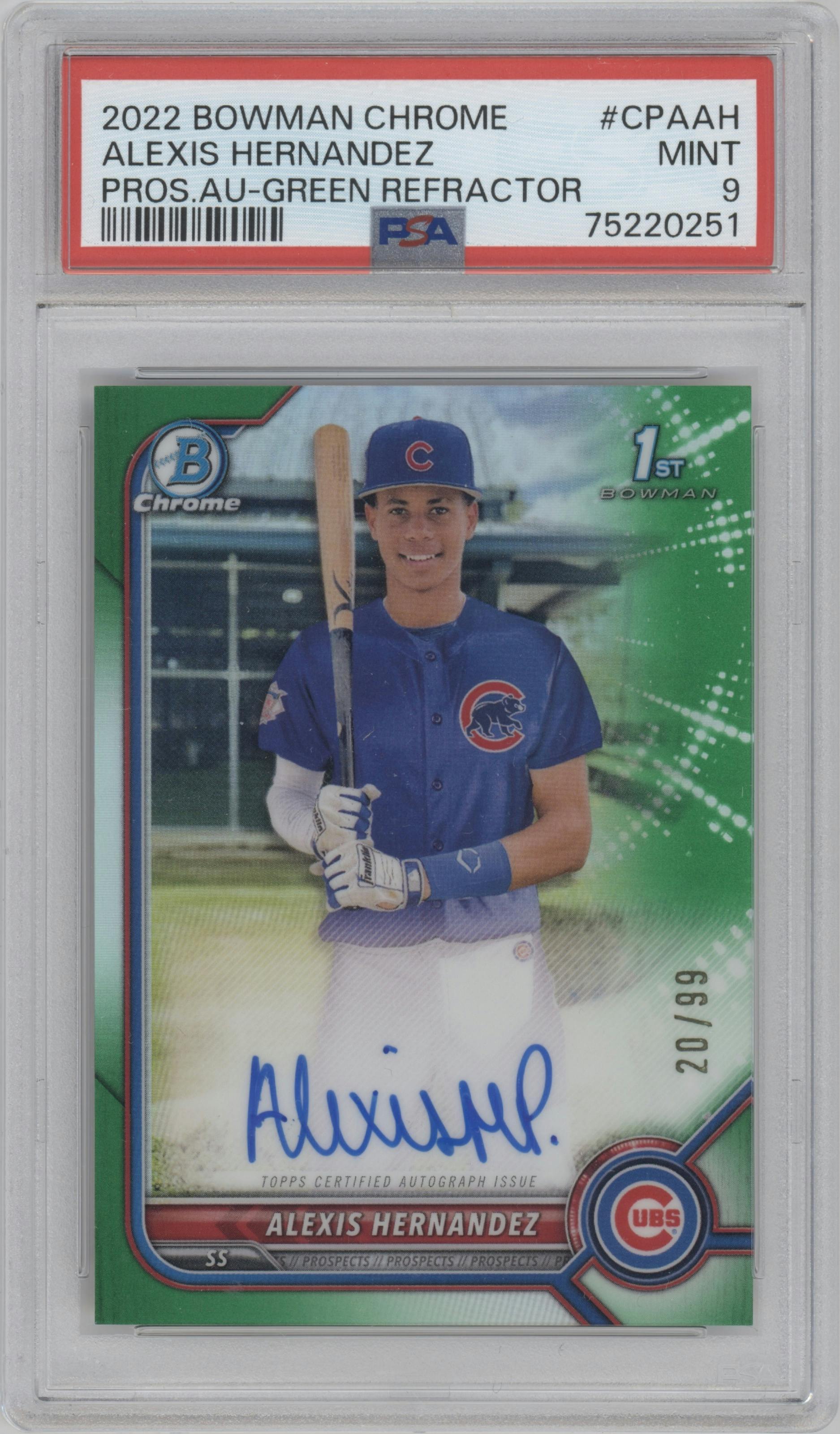 Alexis Hernandez from the 2022 Bowman Chrome set featuring a Green Refractor parallel graded by PSA and given an overall grade of 9.