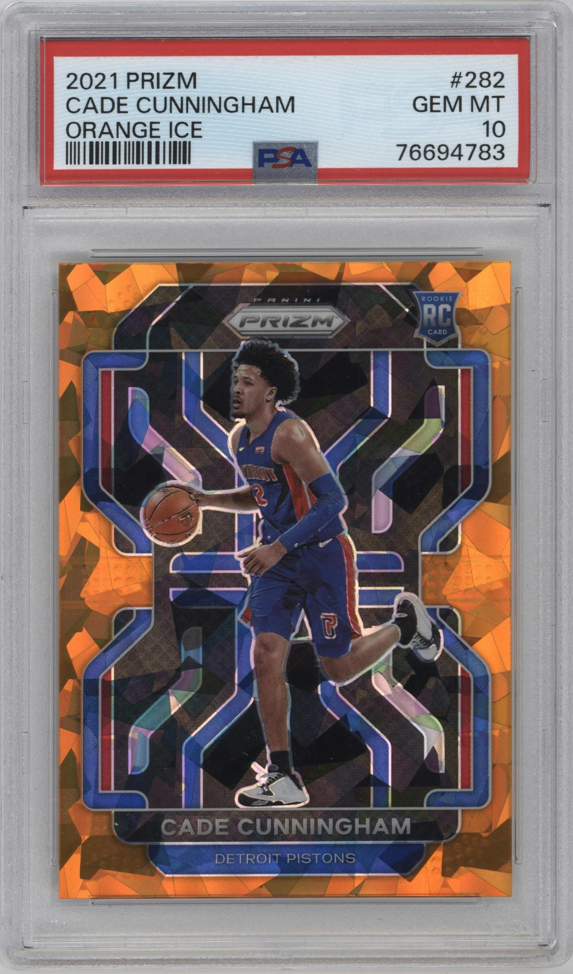 Cade Cunningham from the 2021-22 Panini Prizm  set featuring a Orange Ice parallel graded by PSA and given an overall grade of 10.