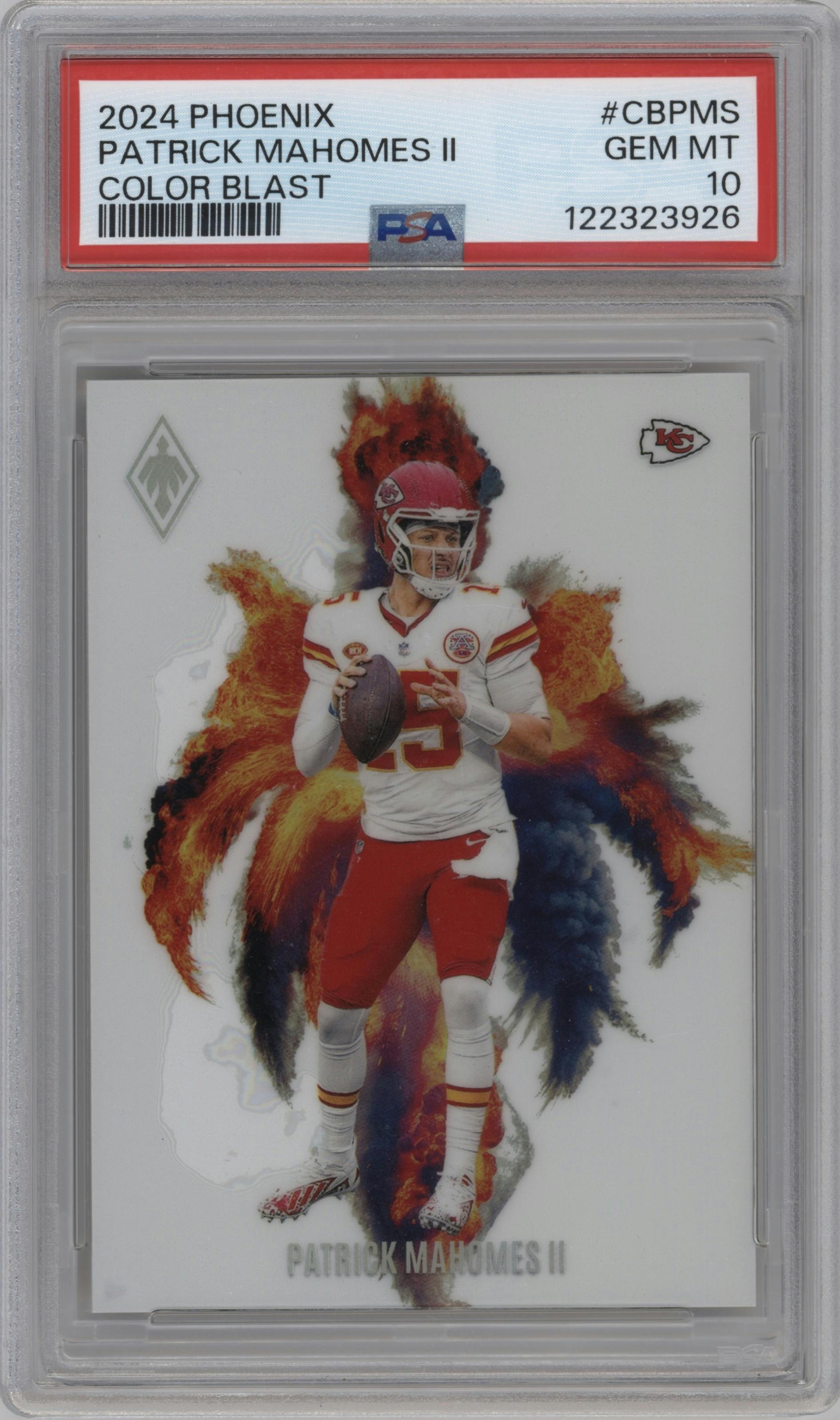 Patrick Mahomes II from the 2024 Panini Phoenix set graded by PSA and given an overall grade of 10.