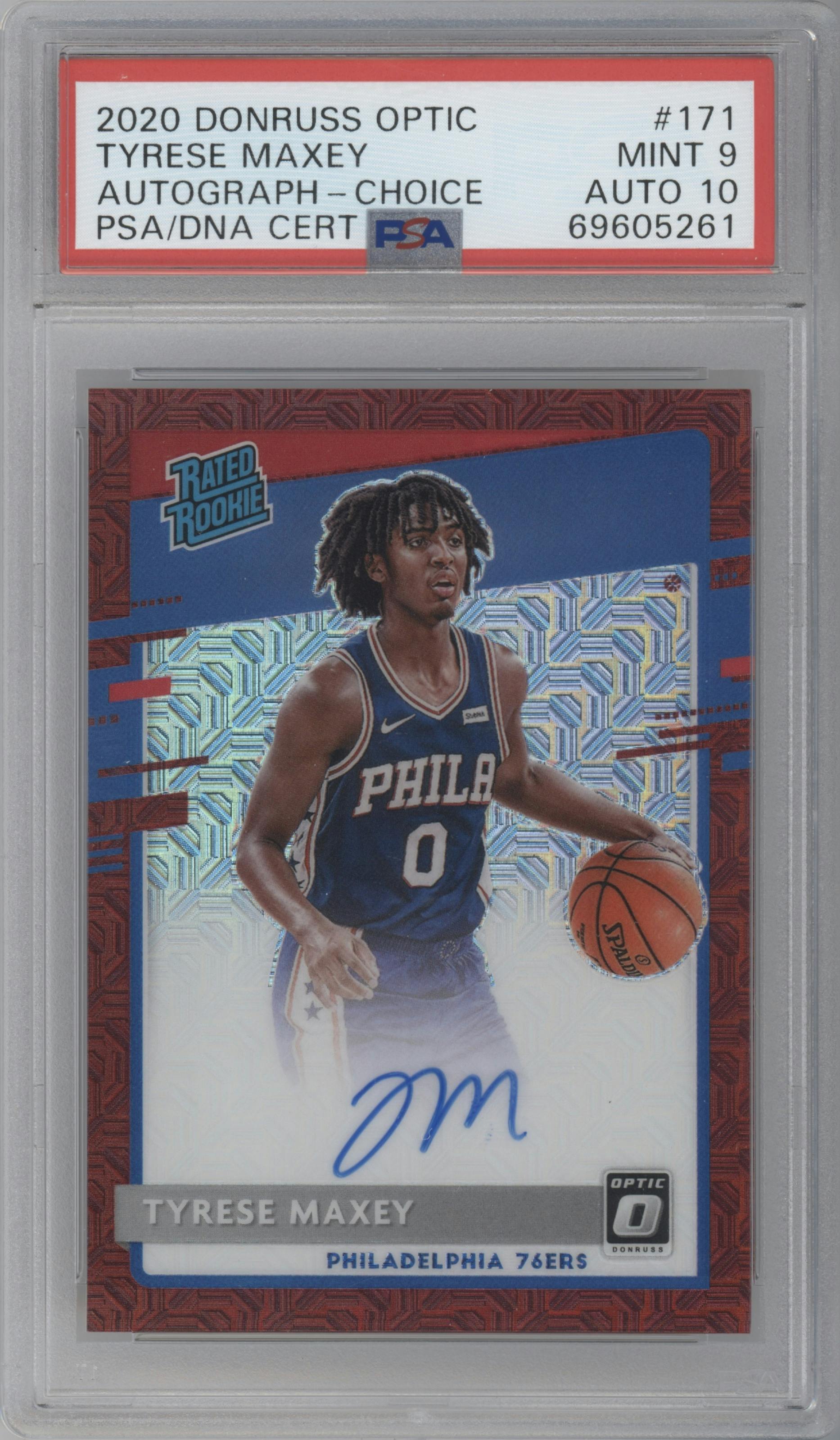 Tyrese Maxey from the 2020-21 Panini Donruss Optic set featuring a Choice parallel graded by PSA and given an overall grade of 9.