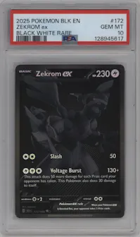 Zekrom ex from the 2025 Pokemon SV set featuring a Black White Rare parallel graded by PSA and given an overall grade of 10.