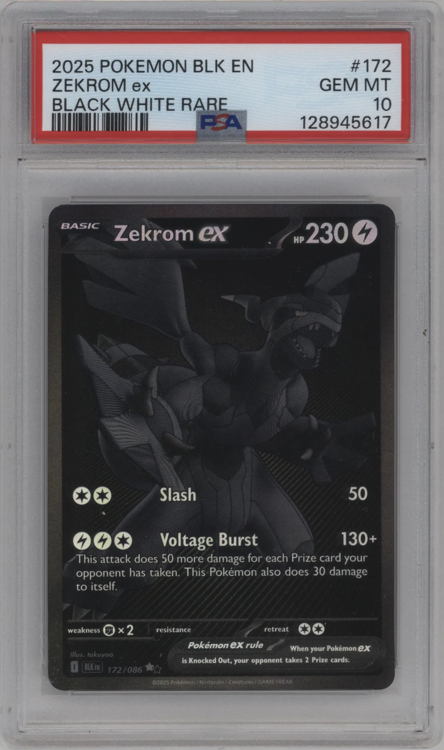 Zekrom ex from the 2025 Pokemon SV set featuring a Black White Rare parallel graded by PSA and given an overall grade of 10.
