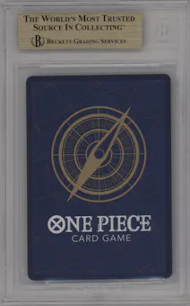 Monkey.D.Luffy from the 2025 One Piece set featuring a Manga Art parallel graded by Beckett and given an overall grade of 10.