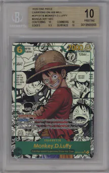 Monkey.D.Luffy from the 2025 One Piece set featuring a Manga Art parallel graded by Beckett and given an overall grade of 10.