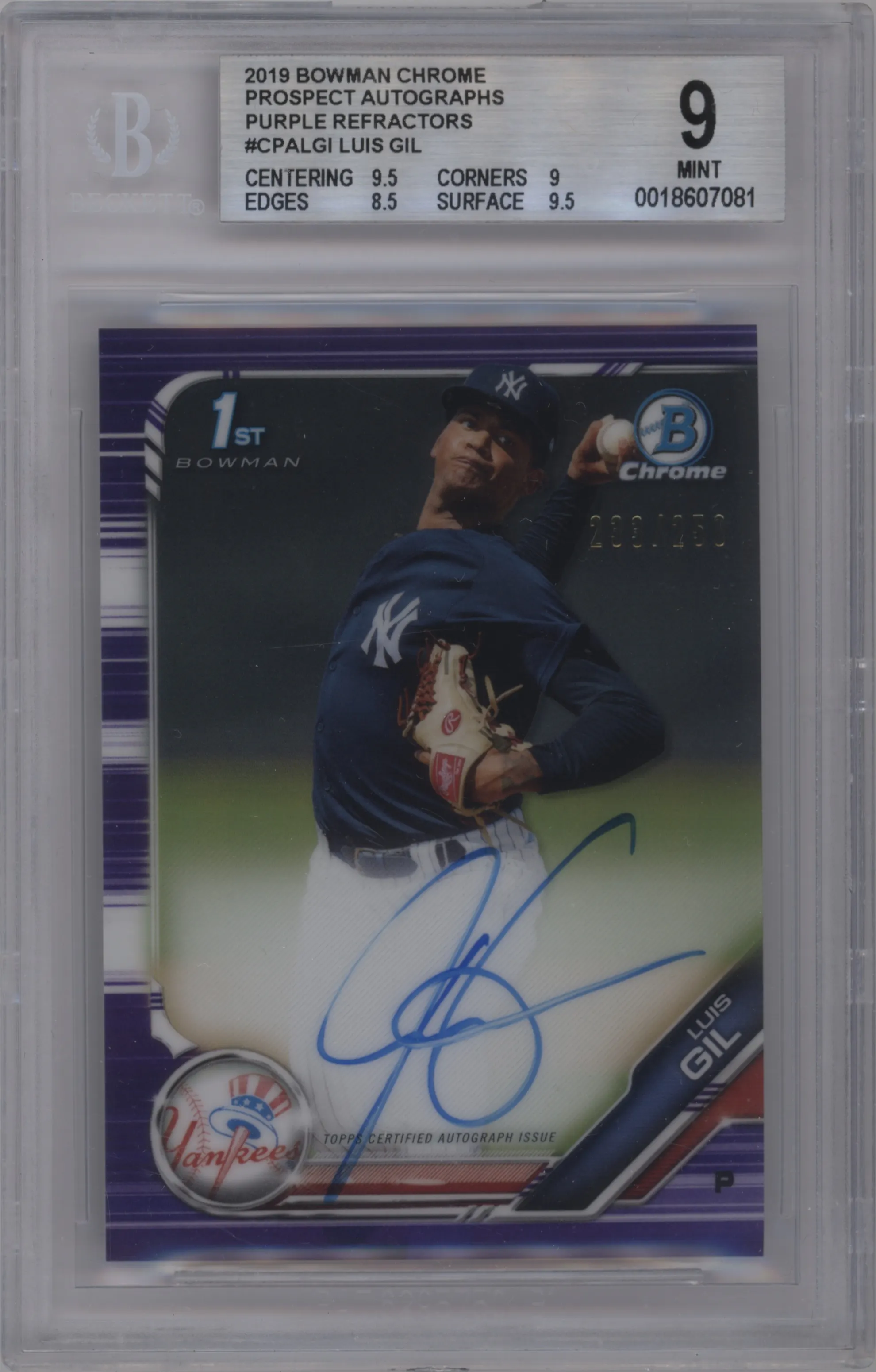 2019 Bowman Chrome Pros.Auto Luis Gil Purple Refractor BGS 9