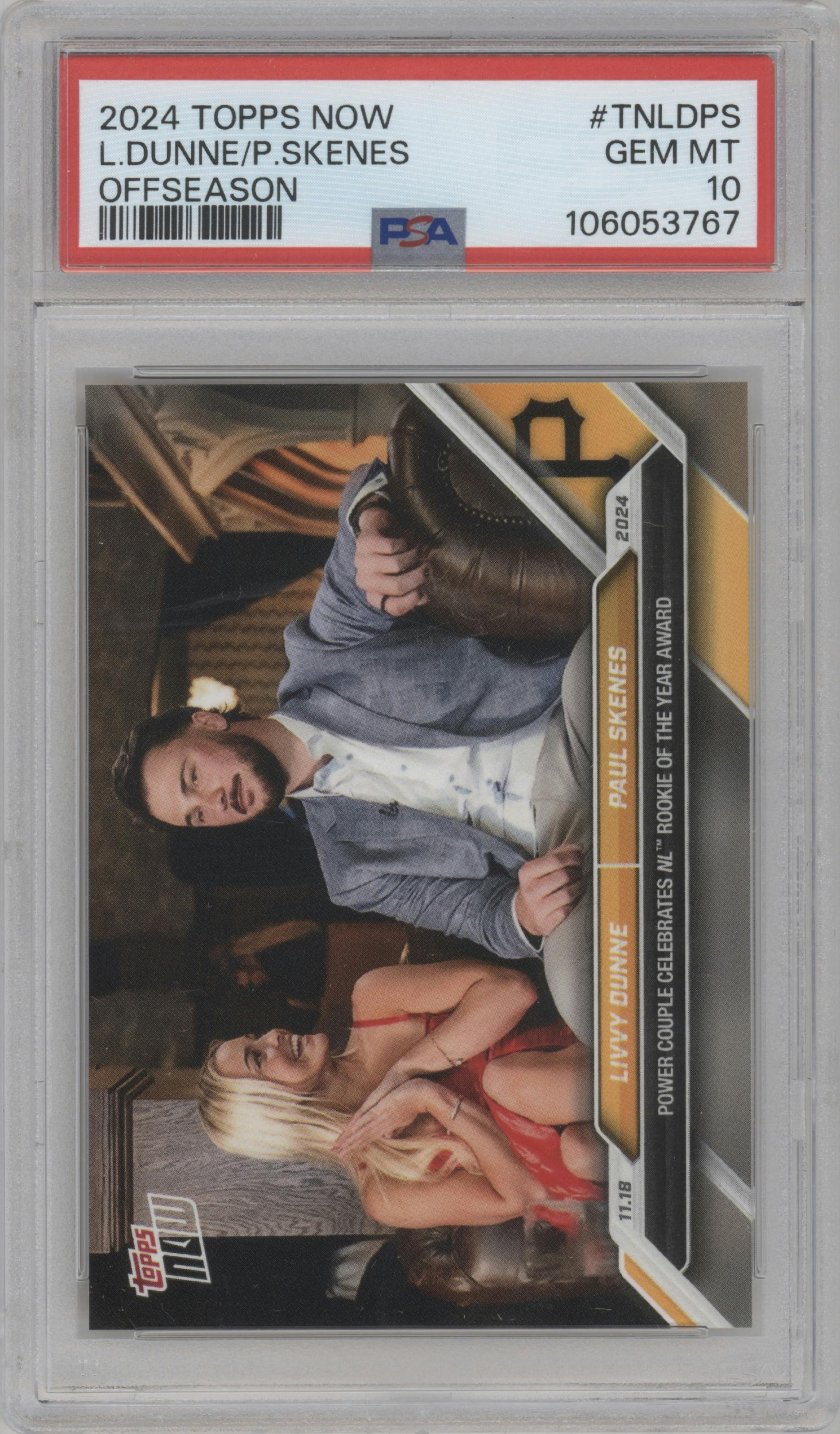 Livvy Dunne/Paul Skenes  from the 2024-25 Topps Now Off-Season set graded by PSA and given an overall grade of 10.
