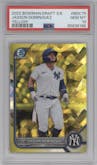 Jasson Dominguez from the 2022 Bowman Draft Sapphire Edition set featuring a Yellow parallel graded by PSA and given an overall grade of 10.