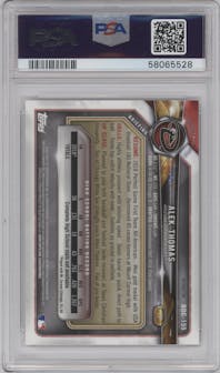 Alek Thomas from the 2018 Bowman Draft set featuring a Refractor  parallel graded by PSA and given an overall grade of 10.