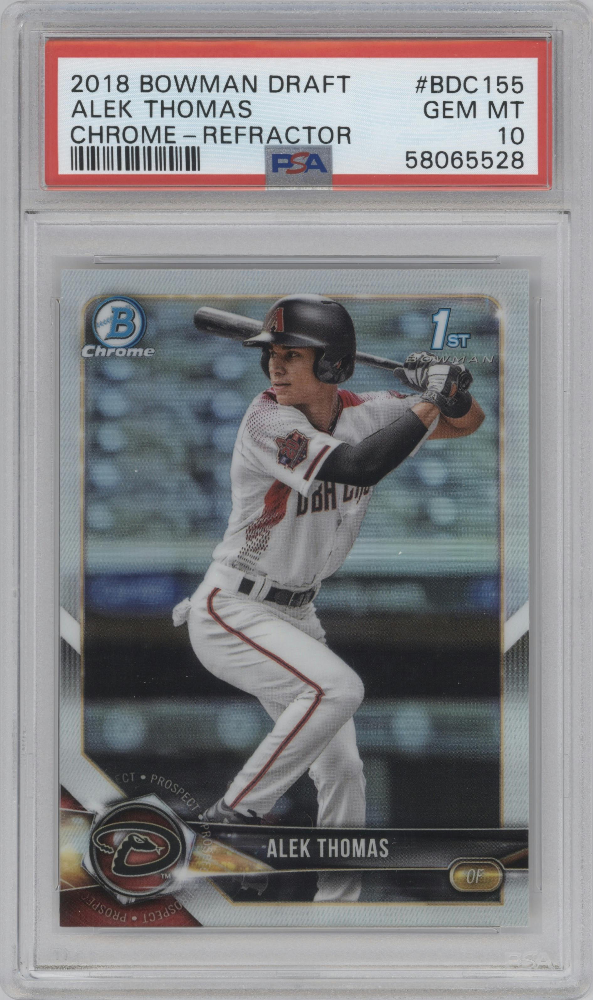 Alek Thomas from the 2018 Bowman Draft set featuring a Refractor  parallel graded by PSA and given an overall grade of 10.
