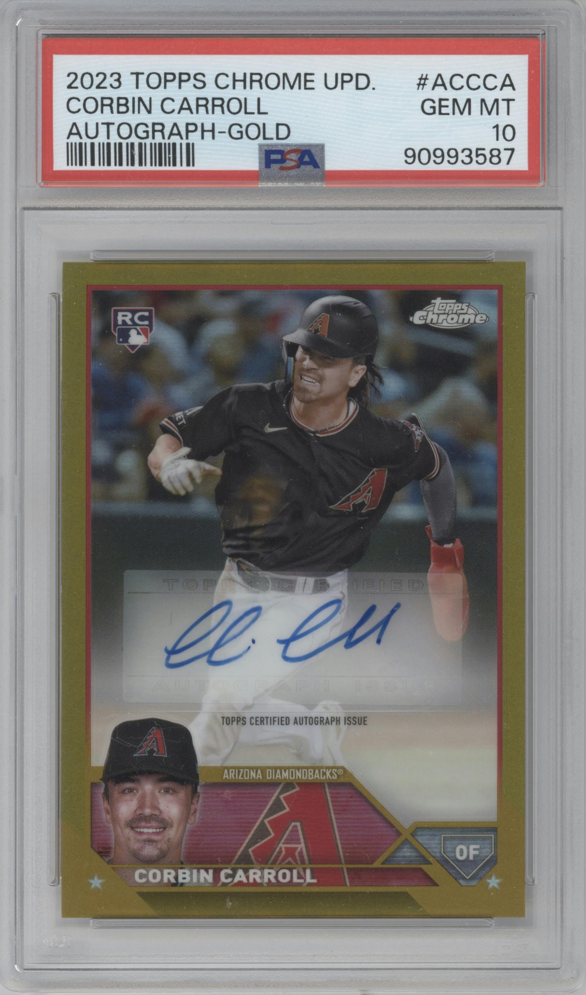 Corbin Carroll from the 2023 Topps Chrome Update set featuring a Gold Refractor parallel graded by PSA and given an overall grade of 10.