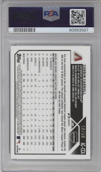 Corbin Carroll from the 2023 Topps Chrome Update set featuring a Gold Refractor parallel graded by PSA and given an overall grade of 10.