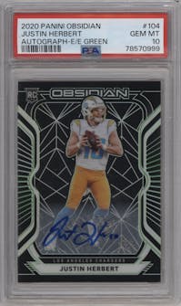 Justin Herbert from the 2020 Panini Obsidian set featuring a Electric Etch Green parallel graded by PSA and given an overall grade of 10.
