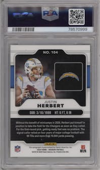 Justin Herbert from the 2020 Panini Obsidian set featuring a Electric Etch Green parallel graded by PSA and given an overall grade of 10.