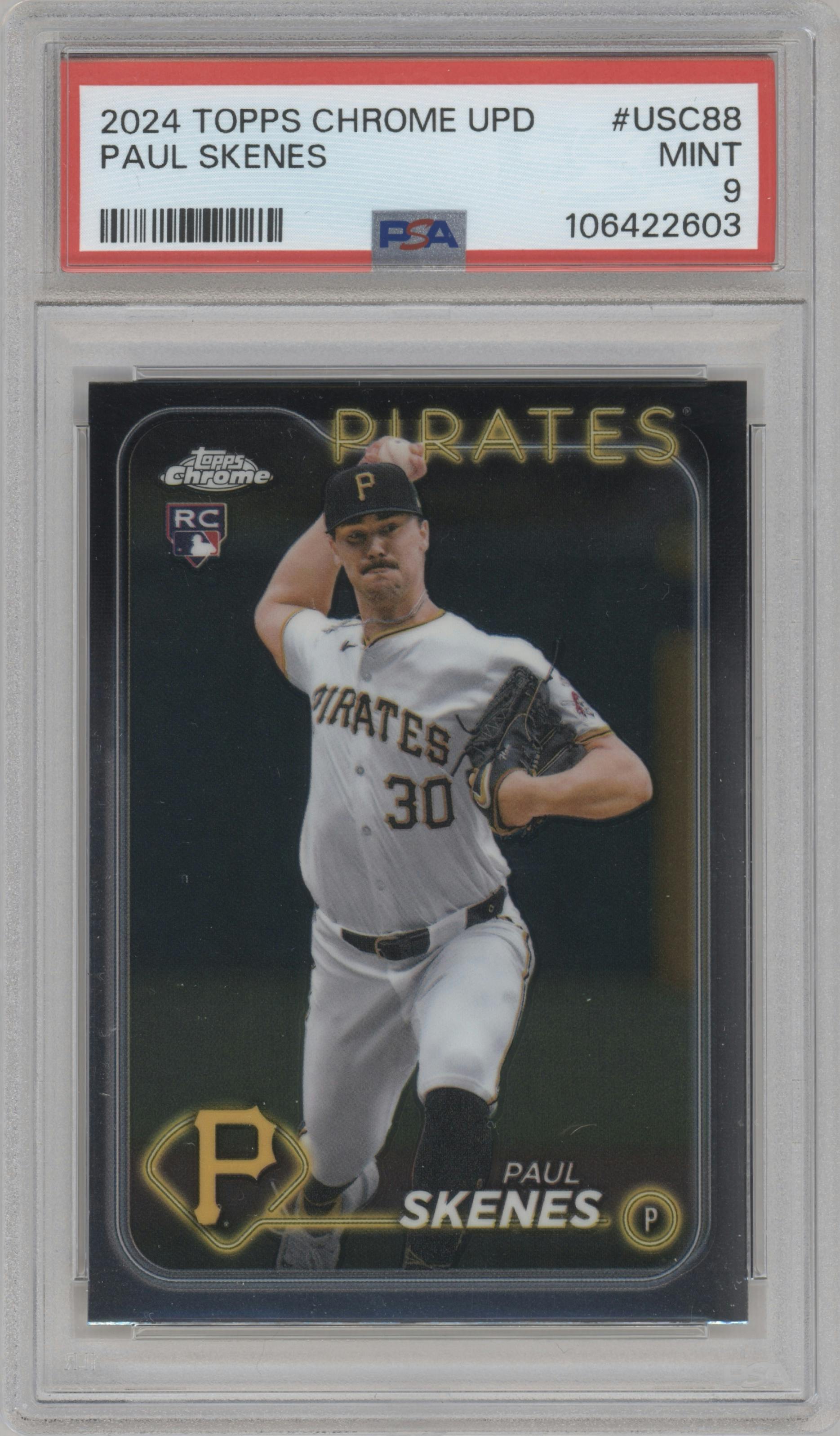 Paul Skenes from the 2024 Topps Chrome Update set graded by PSA and given an overall grade of 9.