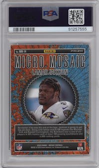 Lamar Jackson from the 2023 Panini Mosaic set graded by PSA and given an overall grade of 9.
