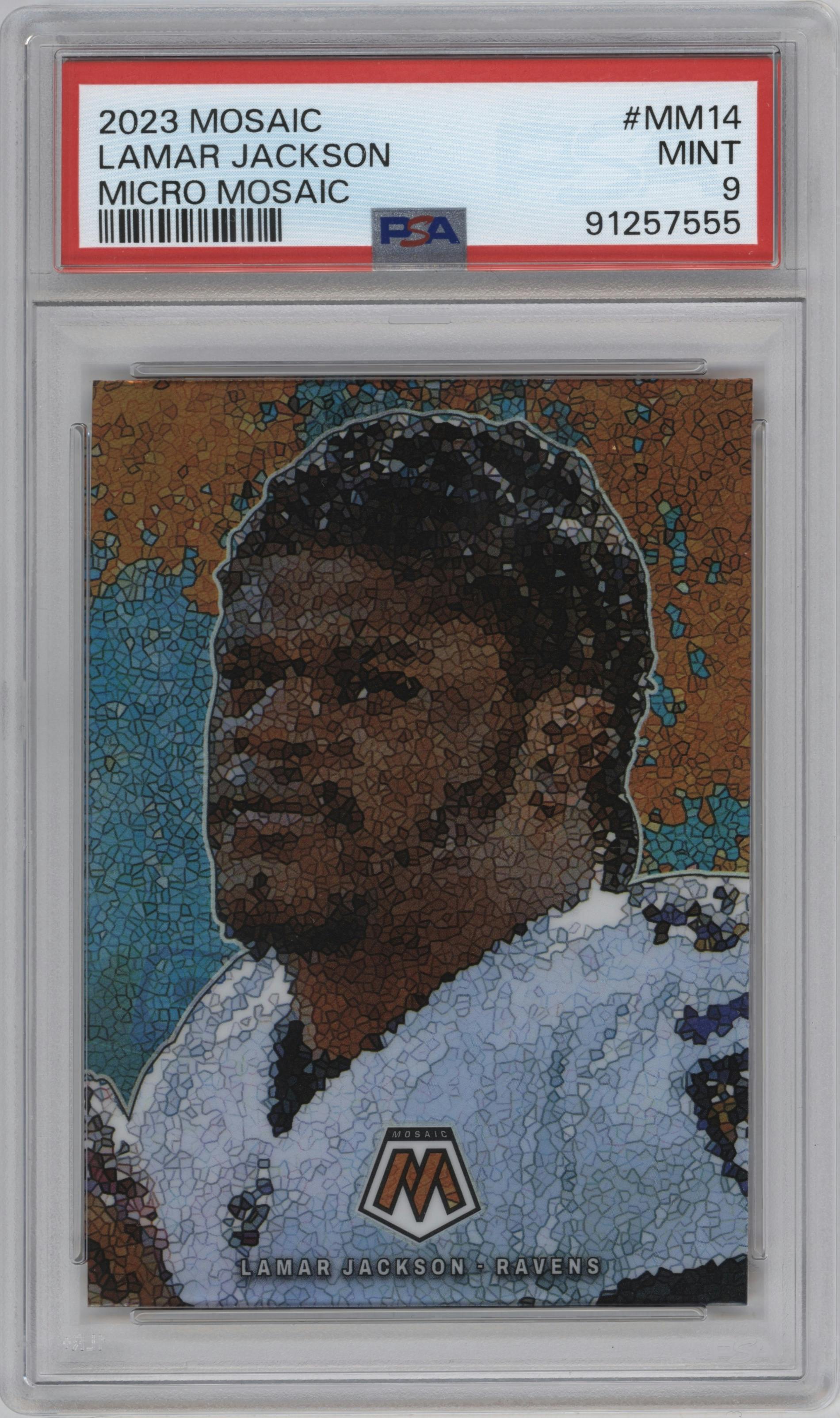 Lamar Jackson from the 2023 Panini Mosaic set graded by PSA and given an overall grade of 9.