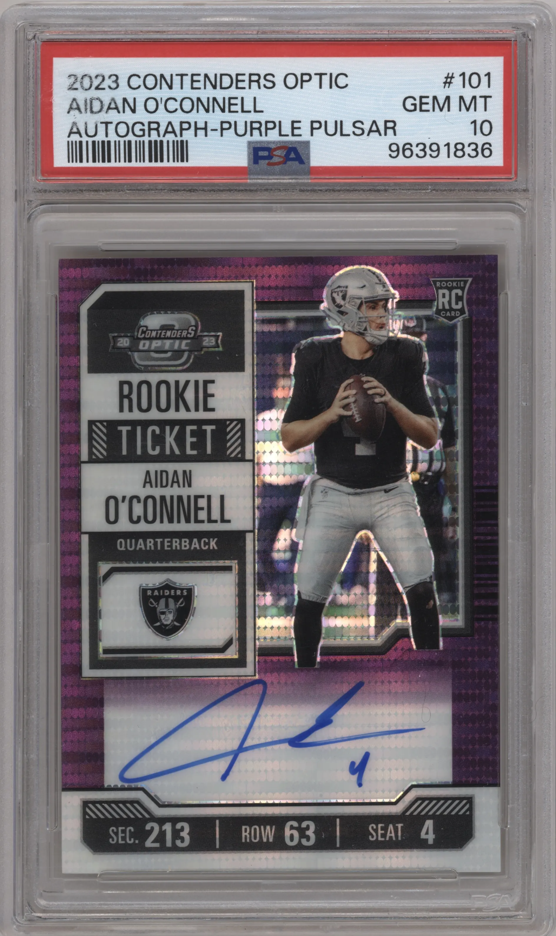 2023 Panini Contenders Optic Rke.Tkt.Auto Aidan O'Connell Purple Pulsar PSA 10