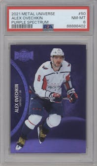 Alex Ovechkin from the 2021-22 Skybox Metal Universe set featuring a Purple Spectrum parallel graded by PSA and given an overall grade of 8.