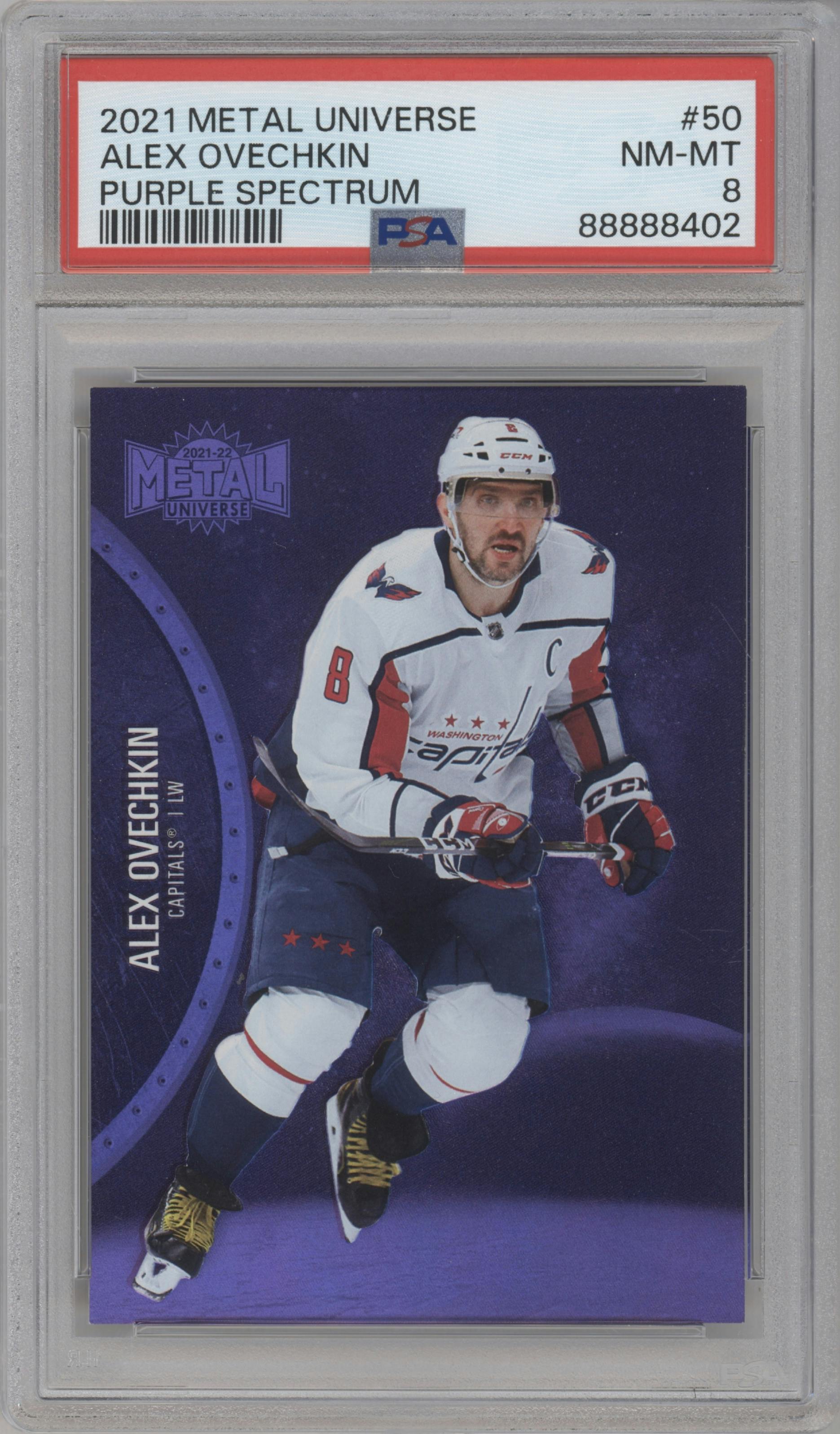 Alex Ovechkin from the 2021-22 Skybox Metal Universe set featuring a Purple Spectrum parallel graded by PSA and given an overall grade of 8.