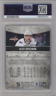 Alex Ovechkin from the 2021-22 Skybox Metal Universe set featuring a Purple Spectrum parallel graded by PSA and given an overall grade of 8.